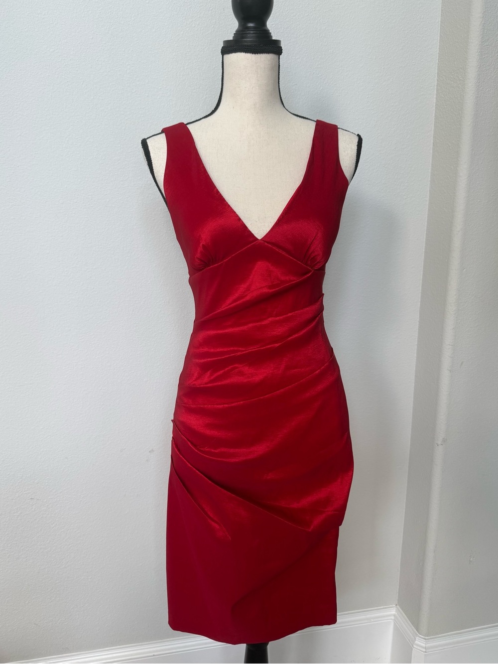 Cache Red V-Neck Sleeveless Satin Bodycon Dress